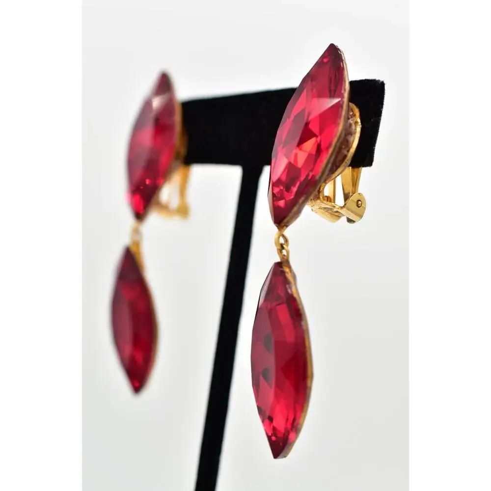 Vintage Red Crystal Clip On Earrings Drop Dangle Chunky Sparkling 1980s BinBK